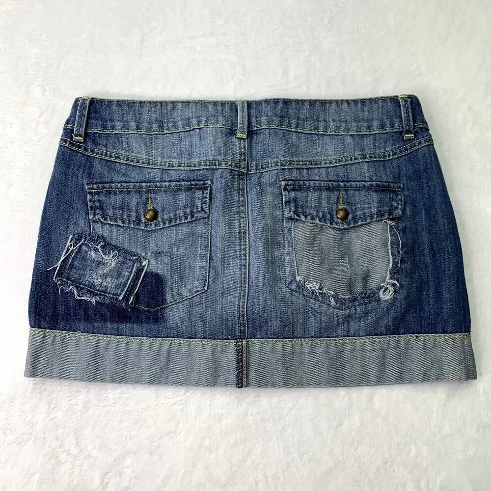 MNG Jeans Womens Size 10 Dark Wash Cut Off Denim Jean Mini Skirt Patchwork Y2K